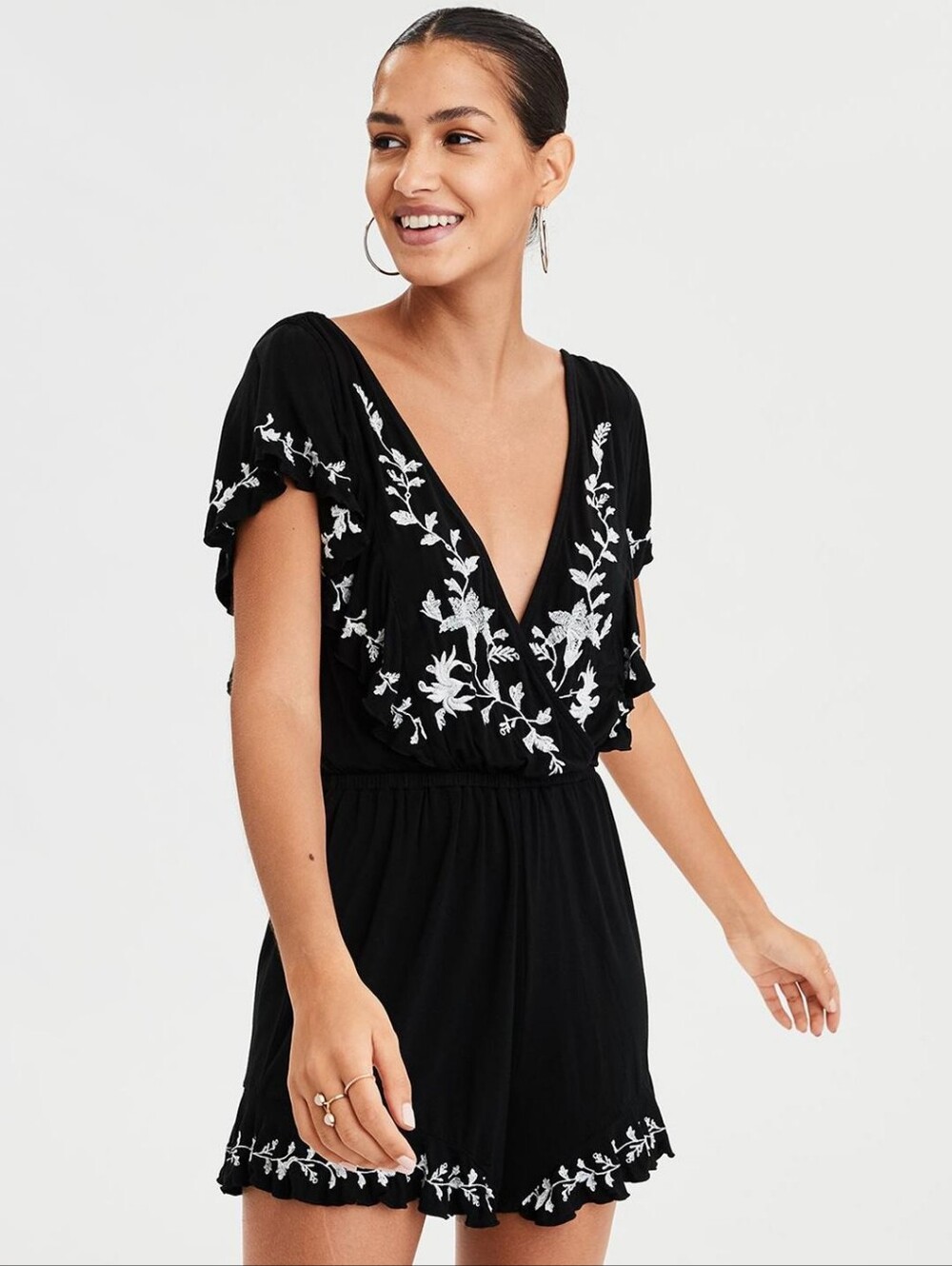 American Eagle Outfitters Black Romper with White Floral Embroidery